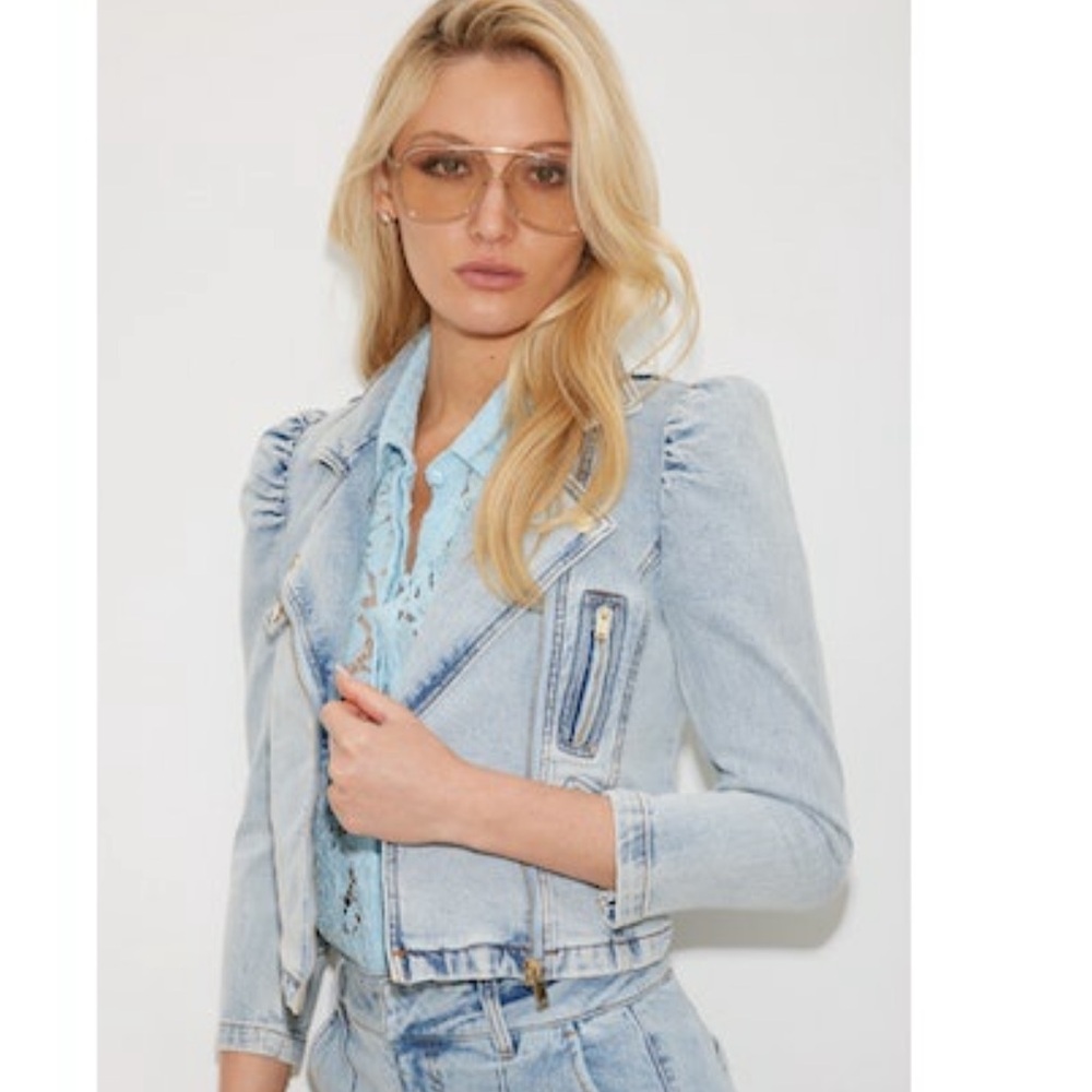 Generation Love Light Blue Denim Jacket with Puff Shoulders